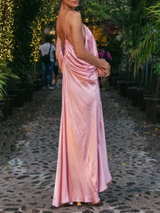Pink Satin Drape Style Maxi Dress