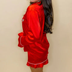 Heart Bow Satin Long Sleeve Button Down Shirt and Ruffle Shorts Pajama Set