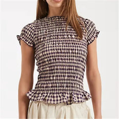 Round Neck Gingham Smocked Short Sleeve Top
