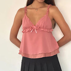 Frill Strap Chiffon Bow Crop Top