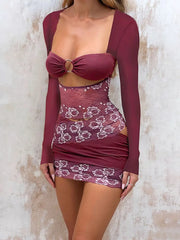 Purple Patchwork Long Sleeve Bodycon Mini Dress