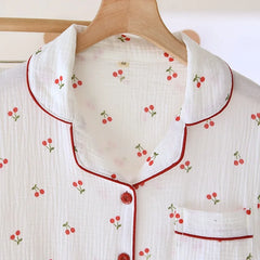 Cotton Cherry Print  Long-sleeved Shirt And Pants Loungewear Set