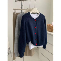 Deep Grey Wool Knitted Heart Buttoned Cardigan