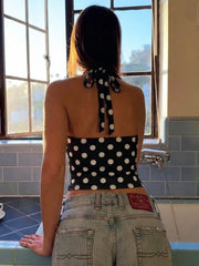 Black Polka Dot Print Backless Halter Top