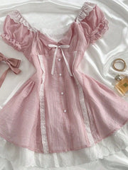 Pink Puff Sleeve Bow Mini Dress