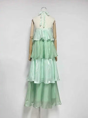 Mint Green Halter Multi Layer Ruffle Maxi Dress