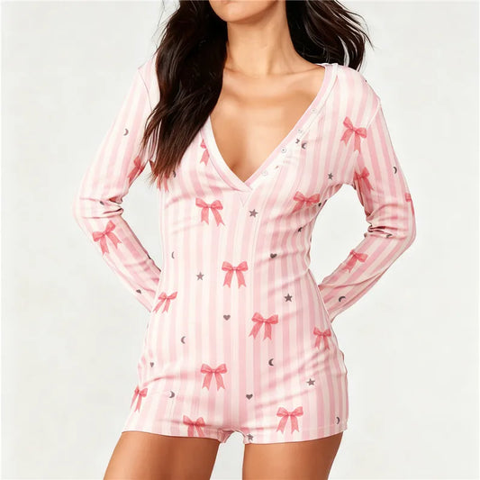 Gingerbread Man Bow Striped Long Sleeve Romper Pajama