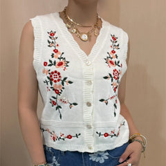 Knit V-Neck Floral Embroidery Vest