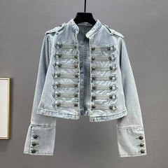 Stand Collar Button Split Short Denim Jacket