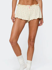 Floral Print Ruffles Hem Crop Top And Shorts Pyjama Set