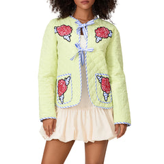 Floral Embroidered Tie-Up Quilted Jacket