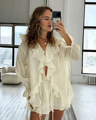 Ruffle Tie Up Shirt And Shorts Two Piece Set
