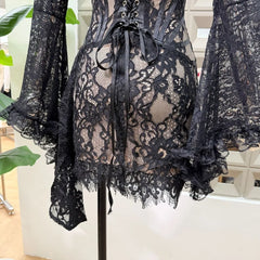Black Lace Fishbone Flare Sleeve Bodycon Mini Dress