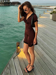 Satin Short Sleeve Bow Back V-Neck Mini Dress