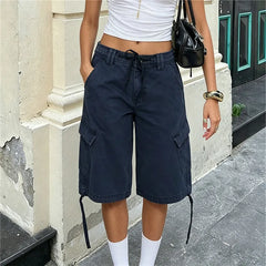 Low Waist Cargo Drawstring Knee Length Pants with Pockets