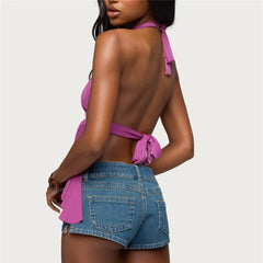 Deep O Ring Halter Front Slit Back Tie Top