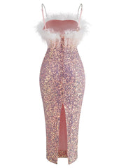 Chain Sequin Bodycon Feathers Midi Dress