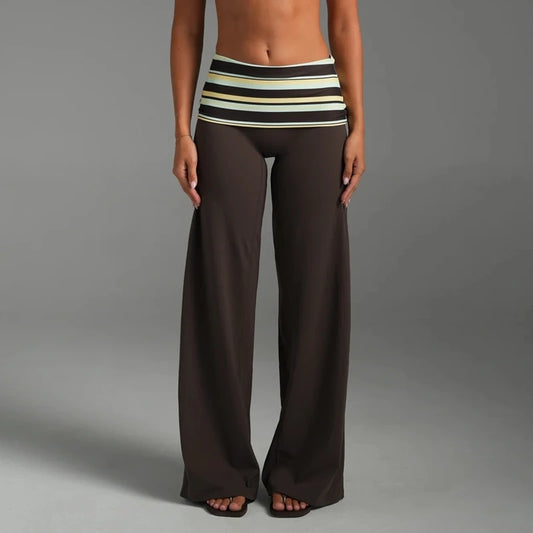 Brown Striped Fold Over Waist Long Yoga Pants
