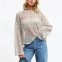 Silver Sequin Mesh Long Sleeve Top