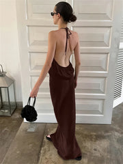 Brown Satin Tie up Backless Top And Long Skirt Set