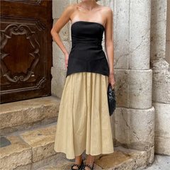 Black Zipper Tube Top And Pleated Skirt Set