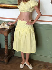 Round Neck Long Sleeve Crop Top And Low Waist Midi A Line Skirt Two Piece Set