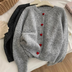 Deep Grey Wool Knitted Heart Buttoned Cardigan