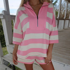 Striped Half Zip Short Sleeve Top and Shorts Loungewear Set