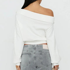 Off Shoulder Button Decor Long Sleeve Knitted Top