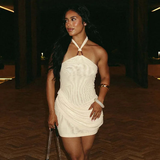 Mesh Pleated Waist Mini Halter Dress