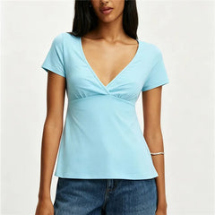 Solid V-Neck Short Sleeve Back Tie Up Top