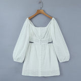 White Doily Print Long Sleeve Open Back Mini Dress