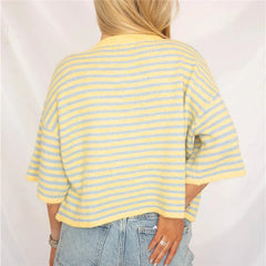 Striped Fuzzy Short Sleeve Round Neck Button Cropped Top