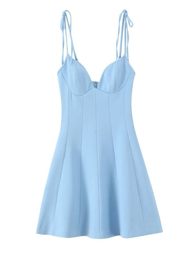 A blue sleeveless camisole-style mini dress with thin adjustable tie straps, a sweetheart neckline, and a flared skirt, shown on a plain white background.