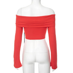 Red Off-shoulder Bow Long Sleeve Top - Free From Label