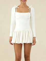 Beige Square Collar  Tie Shoulder Long Sleeve Pleated Mini Dress