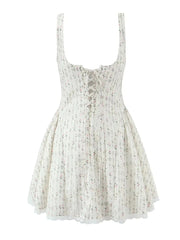 White Floral Stripe Print Square Collar Print Mini Dress