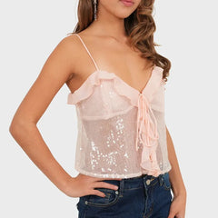 Sequin Sheer Ruffle Trim Spaghetti Strap Tie Crop Top