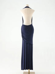 Blue Cowl Neck Diamonds Ruched Long Dress
