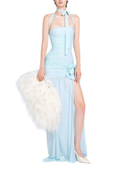 Blue Ruched Halter Draped Bow Maxi Dress