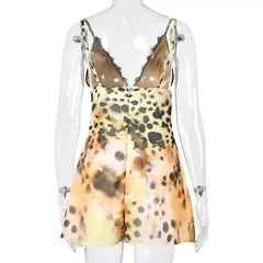 Yellow Leopard Print Lace V-Neck Mini Dress