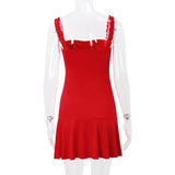 Red Frill Strap Tie-Up Mini Dress
