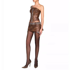Brow Pu Printed Patchwork Corset And Mini Skirt Set
