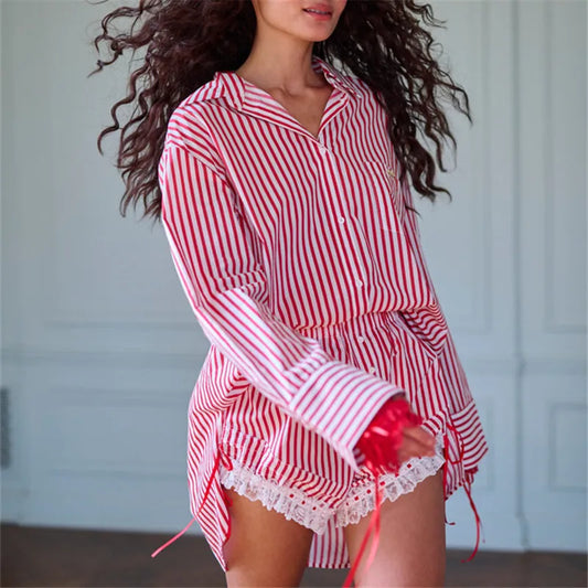 Striped Long Sleeve Button-up Tops and Ruffle Shorts Pajama Set
