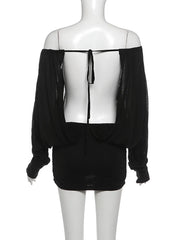 Off-Shoulder Long Sleeve Open Back Puff Mini Dress