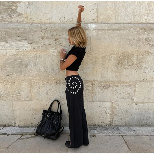 Spiral Rivet  Low Waist Wide Leg Trousers