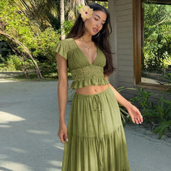 Short Sleeve Mesh Patchwork Crop Top And Maxi Skirt Matching Set