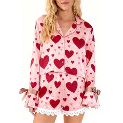 Long Sleeve Heart Print Top and Elastic Waist Shorts Loungewear Set