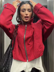 Red Zipper-up Plaid Stand Collar Jacket