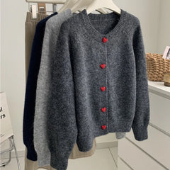 Deep Grey Wool Knitted Heart Buttoned Cardigan